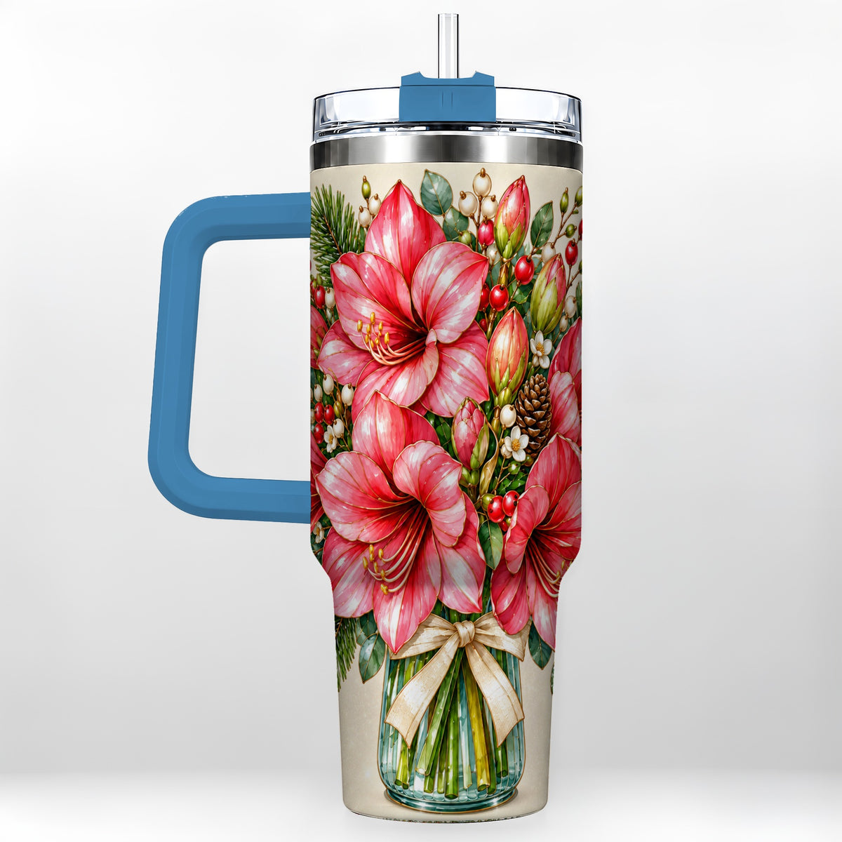 #pl[40oz|Blue] Pink Amaryllis 40oz Tumbler with Handle, Gold Accent Christmas Floral
