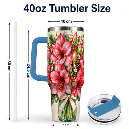 #pl[40oz|Blue] Pink Amaryllis 40oz Tumbler with Handle, Gold Accent Christmas Floral