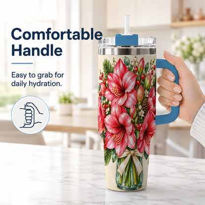 #pl[40oz|Blue] Pink Amaryllis 40oz Tumbler with Handle, Gold Accent Christmas Floral