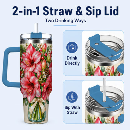 #pl[40oz|Blue] Pink Amaryllis 40oz Tumbler with Handle, Gold Accent Christmas Floral