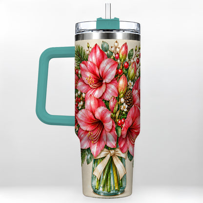 #pl[40oz|Green] Pink Amaryllis 40oz Tumbler with Handle, Gold Accent Christmas Floral