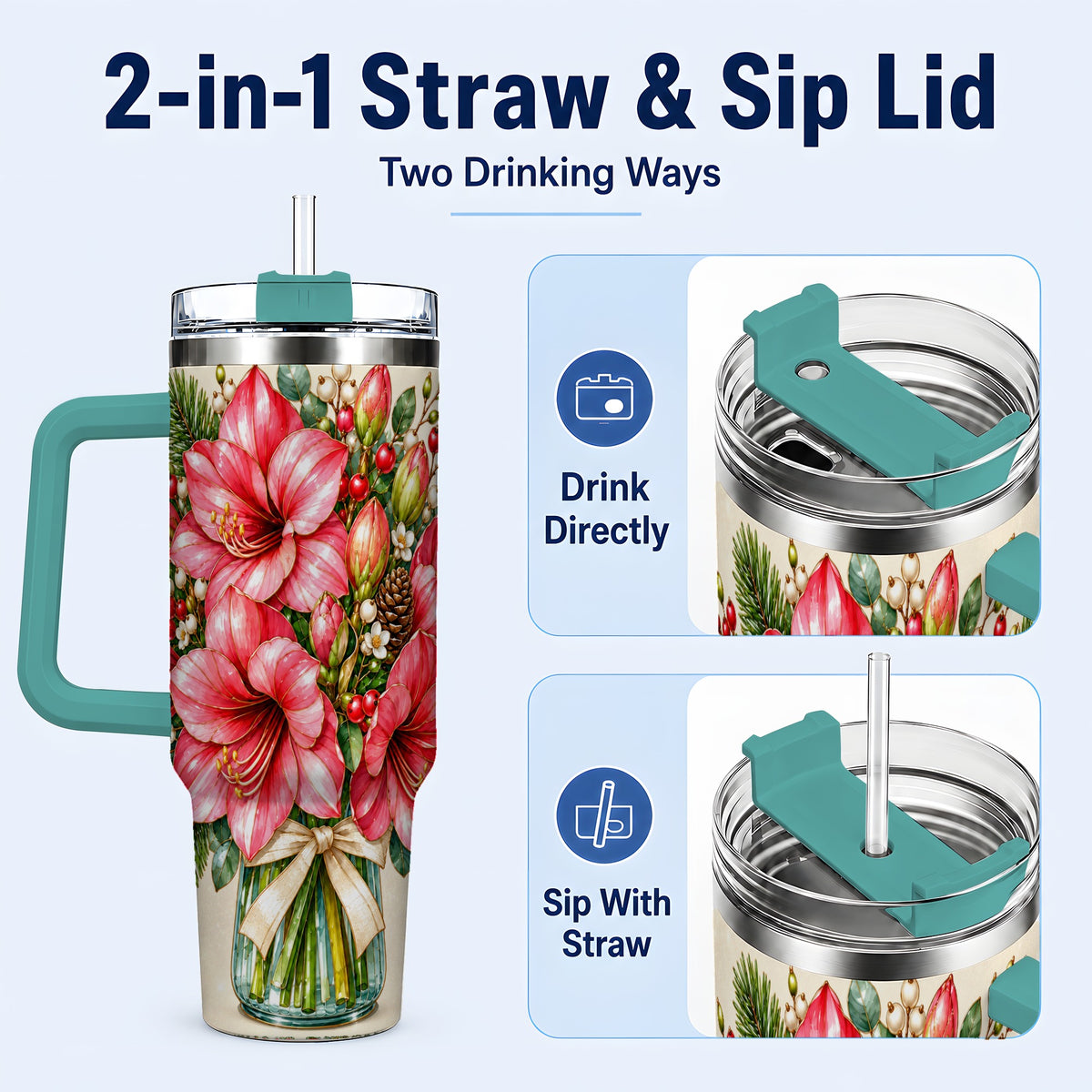 #pl[40oz|Green] Pink Amaryllis 40oz Tumbler with Handle, Gold Accent Christmas Floral
