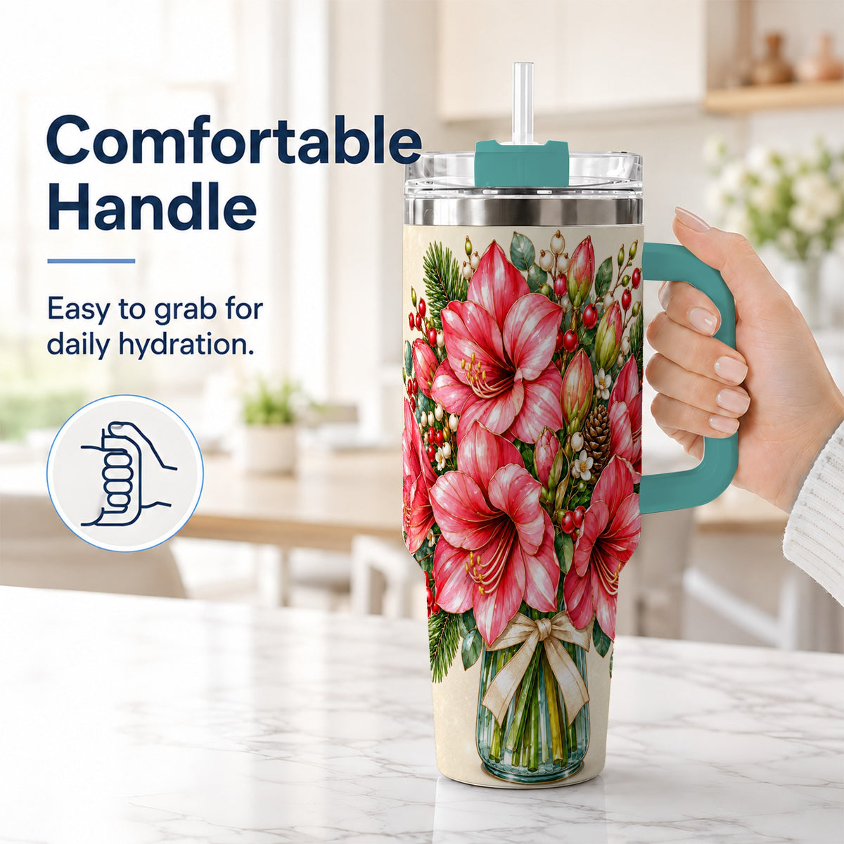 #pl[40oz|Green] Pink Amaryllis 40oz Tumbler with Handle, Gold Accent Christmas Floral