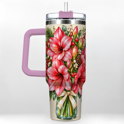#pl[40oz|Pink] Pink Amaryllis 40oz Tumbler with Handle, Gold Accent Christmas Floral