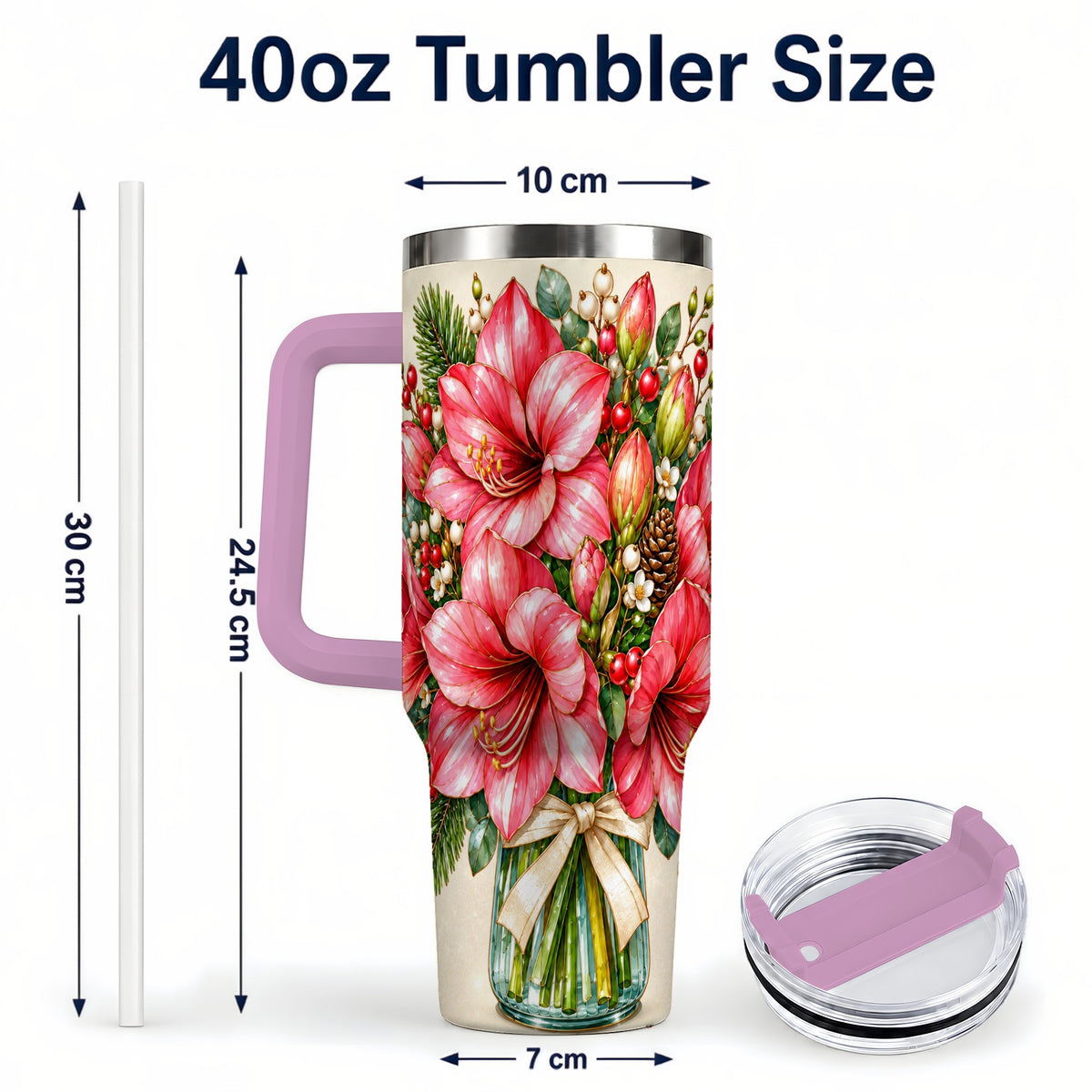 #pl[40oz|Pink] Pink Amaryllis 40oz Tumbler with Handle, Gold Accent Christmas Floral