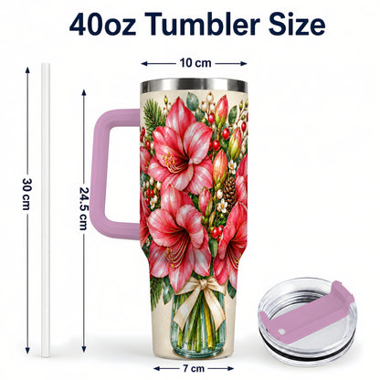 #pl[40oz|Pink] Pink Amaryllis 40oz Tumbler with Handle, Gold Accent Christmas Floral