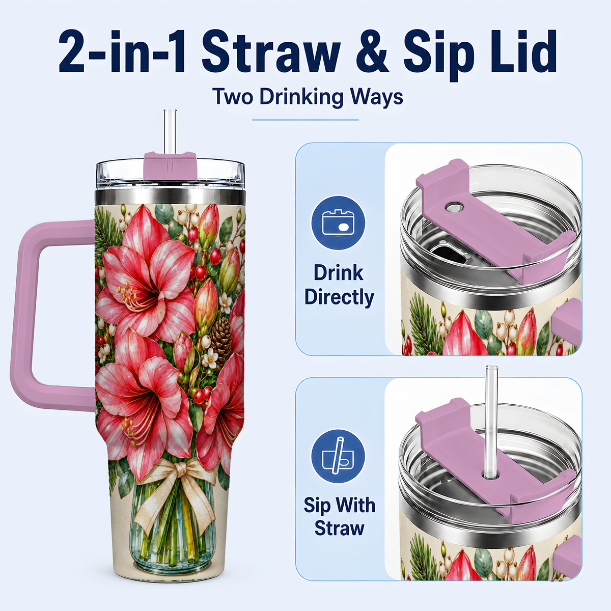 #pl[40oz|Pink] Pink Amaryllis 40oz Tumbler with Handle, Gold Accent Christmas Floral