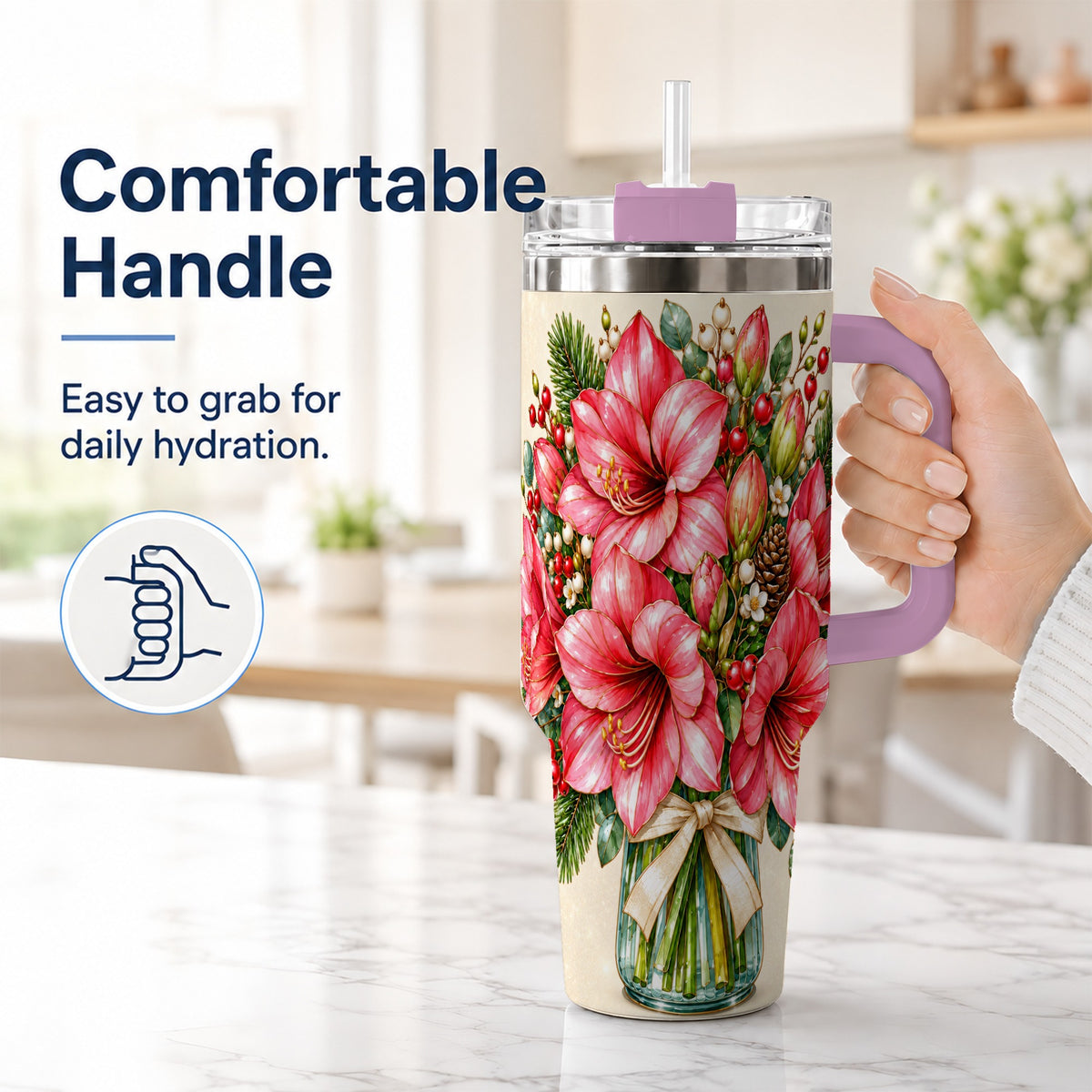 #pl[40oz|Pink] Pink Amaryllis 40oz Tumbler with Handle, Gold Accent Christmas Floral