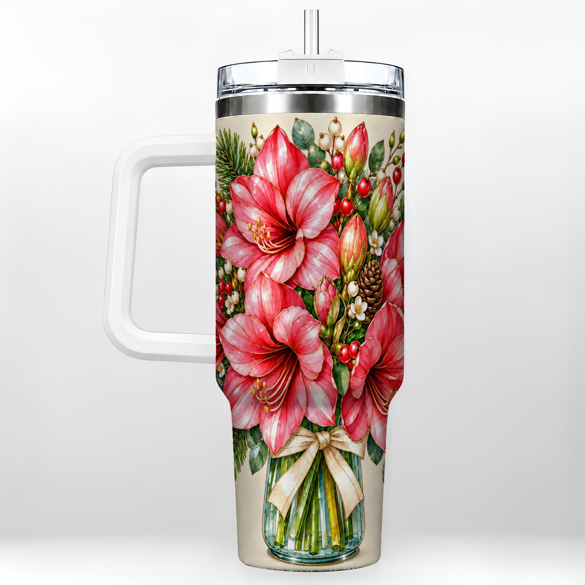 Pink Amaryllis 40oz Tumbler with Handle, Gold Accent Christmas Floral