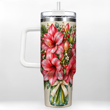 Pink Amaryllis 40oz Tumbler with Handle, Gold Accent Christmas Floral