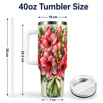 #pl[40oz|White] Pink Amaryllis 40oz Tumbler with Handle, Gold Accent Christmas Floral