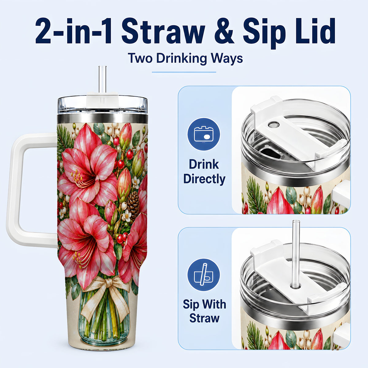 #pl[40oz|White] Pink Amaryllis 40oz Tumbler with Handle, Gold Accent Christmas Floral