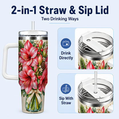 #pl[40oz|White] Pink Amaryllis 40oz Tumbler with Handle, Gold Accent Christmas Floral