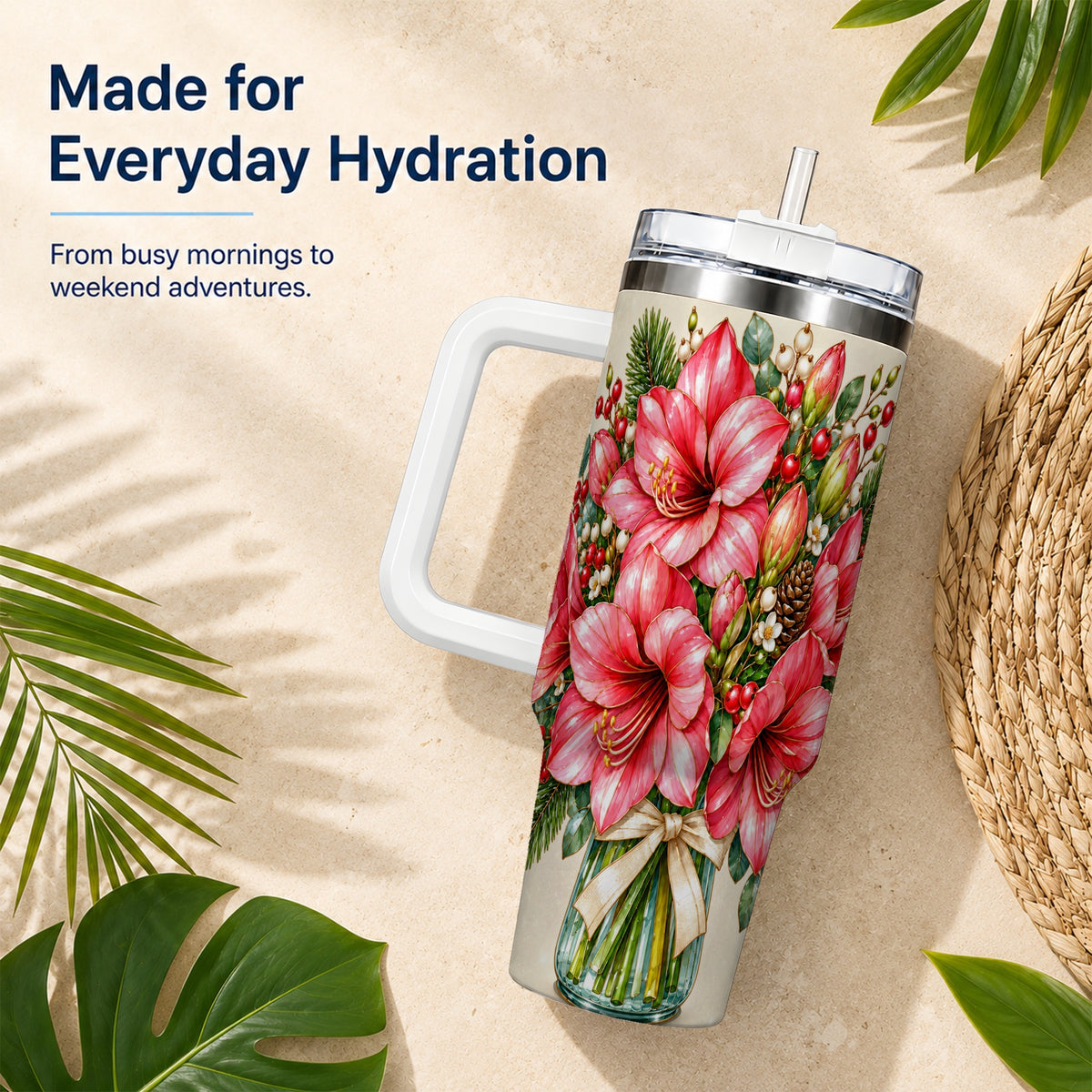 Pink Amaryllis 40oz Tumbler with Handle, Gold Accent Christmas Floral