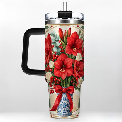 #pl[40oz|Black] Red Amaryllis 40oz Tumbler with Handle, Vintage Christmas Botanical