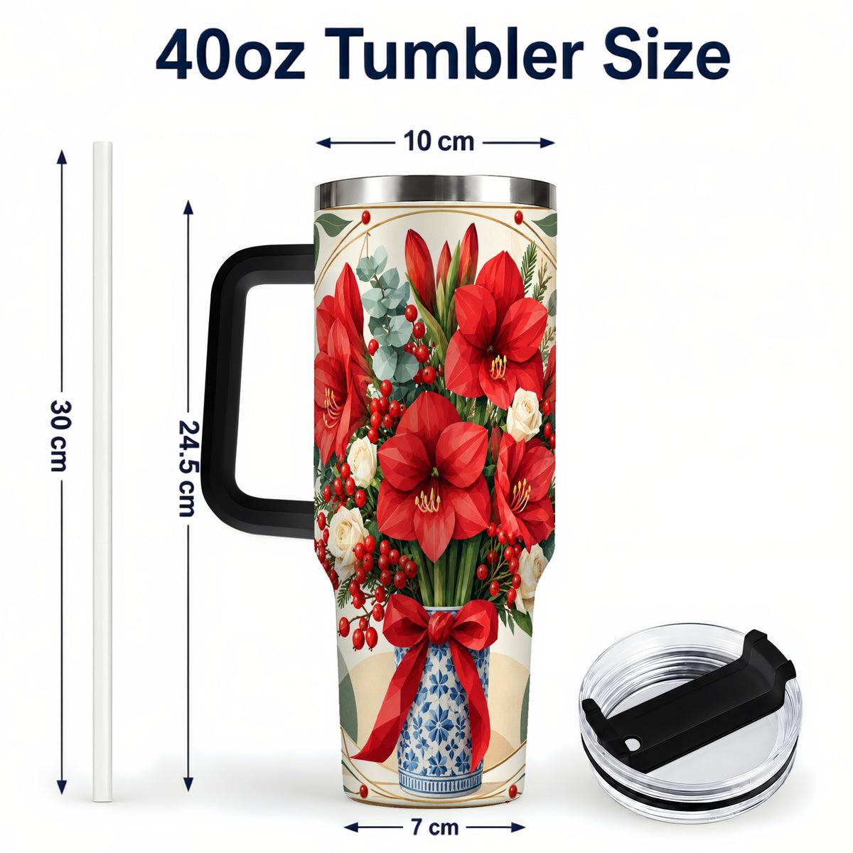 #pl[40oz|Black] Red Amaryllis 40oz Tumbler with Handle, Vintage Christmas Botanical