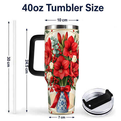 #pl[40oz|Black] Red Amaryllis 40oz Tumbler with Handle, Vintage Christmas Botanical