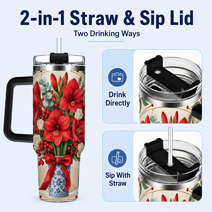 #pl[40oz|Black] Red Amaryllis 40oz Tumbler with Handle, Vintage Christmas Botanical