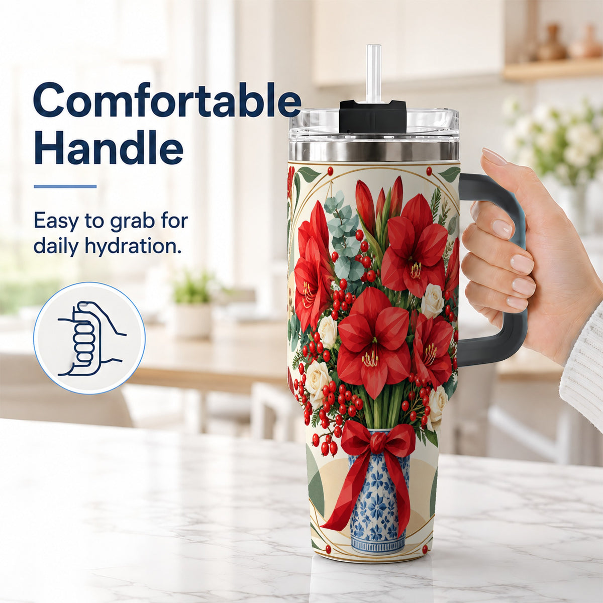 #pl[40oz|Black] Red Amaryllis 40oz Tumbler with Handle, Vintage Christmas Botanical