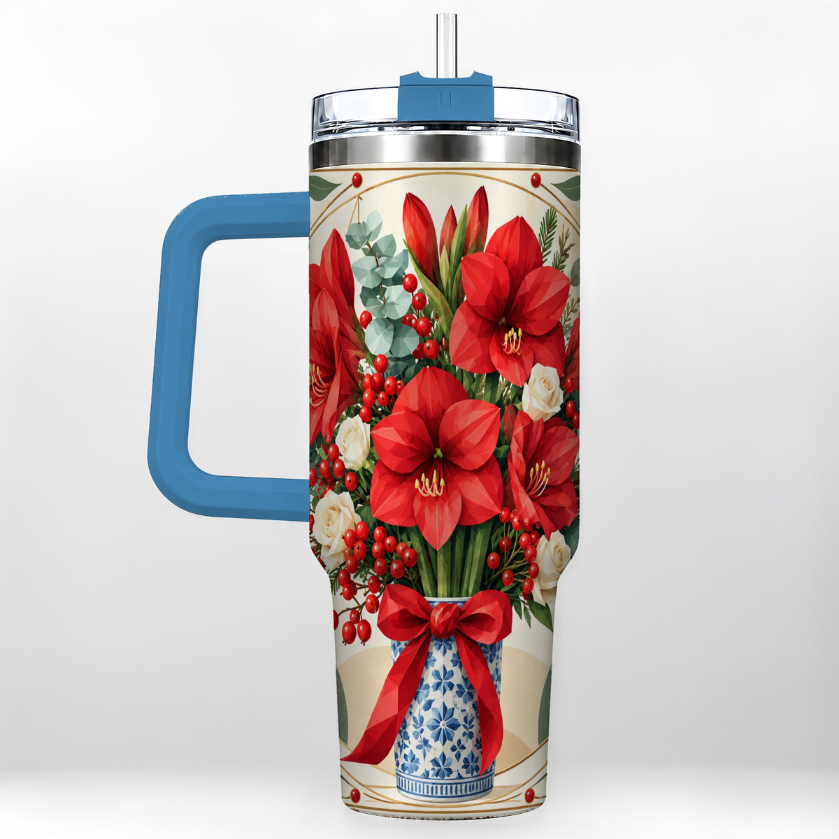 #pl[40oz|Blue] Red Amaryllis 40oz Tumbler with Handle, Vintage Christmas Botanical