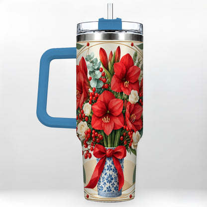 #pl[40oz|Blue] Red Amaryllis 40oz Tumbler with Handle, Vintage Christmas Botanical