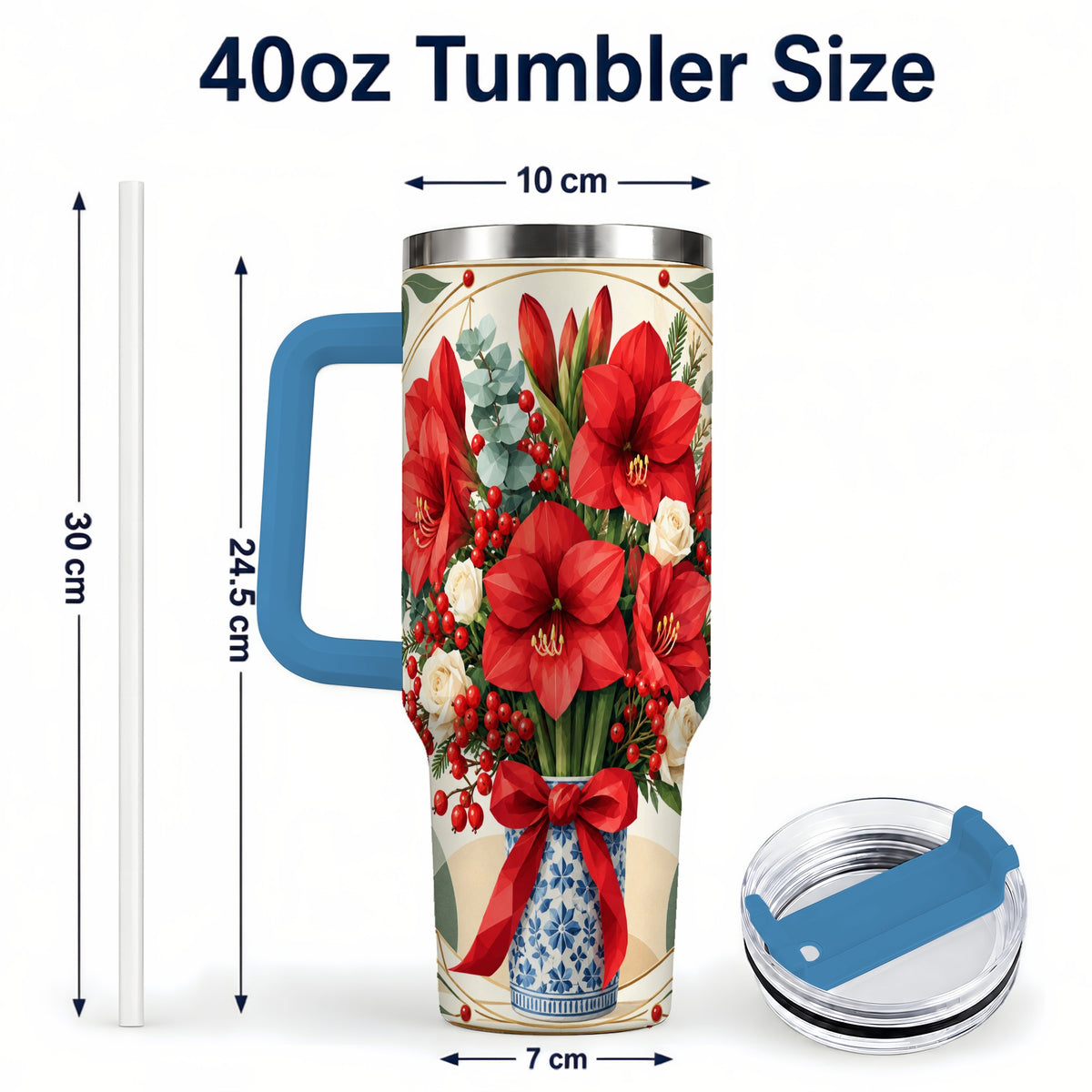 #pl[40oz|Blue] Red Amaryllis 40oz Tumbler with Handle, Vintage Christmas Botanical