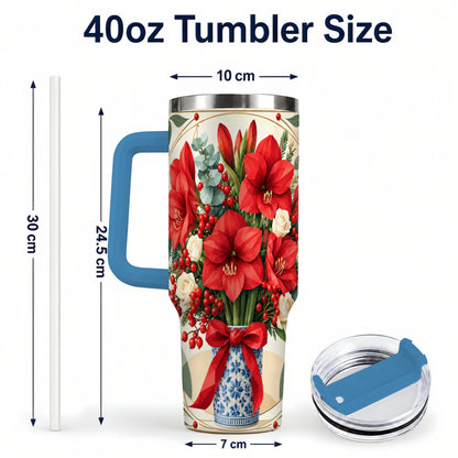 #pl[40oz|Blue] Red Amaryllis 40oz Tumbler with Handle, Vintage Christmas Botanical