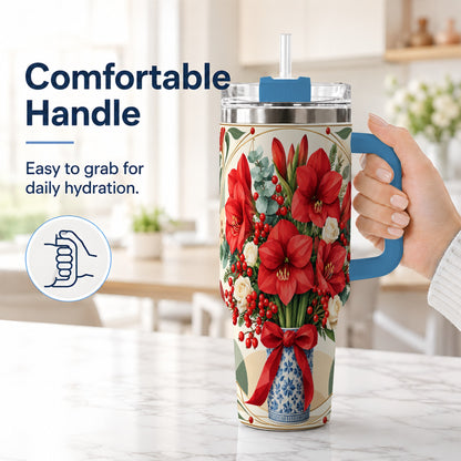 #pl[40oz|Blue] Red Amaryllis 40oz Tumbler with Handle, Vintage Christmas Botanical