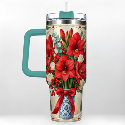 #pl[40oz|Green] Red Amaryllis 40oz Tumbler with Handle, Vintage Christmas Botanical