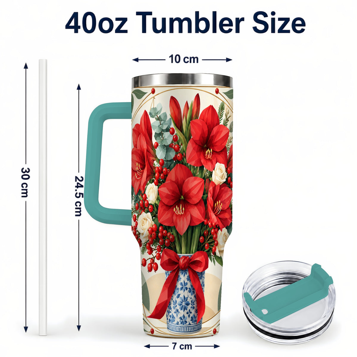 #pl[40oz|Green] Red Amaryllis 40oz Tumbler with Handle, Vintage Christmas Botanical