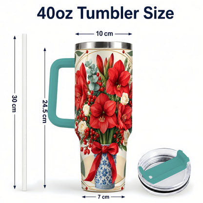 #pl[40oz|Green] Red Amaryllis 40oz Tumbler with Handle, Vintage Christmas Botanical