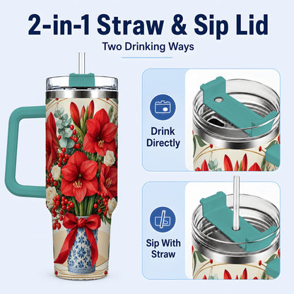#pl[40oz|Green] Red Amaryllis 40oz Tumbler with Handle, Vintage Christmas Botanical