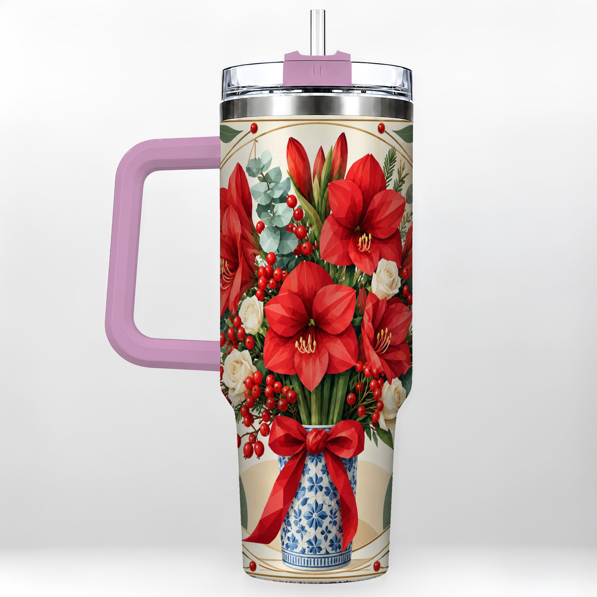 #pl[40oz|Pink] Red Amaryllis 40oz Tumbler with Handle, Vintage Christmas Botanical
