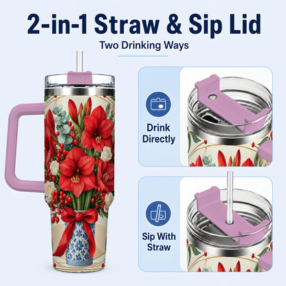 #pl[40oz|Pink] Red Amaryllis 40oz Tumbler with Handle, Vintage Christmas Botanical