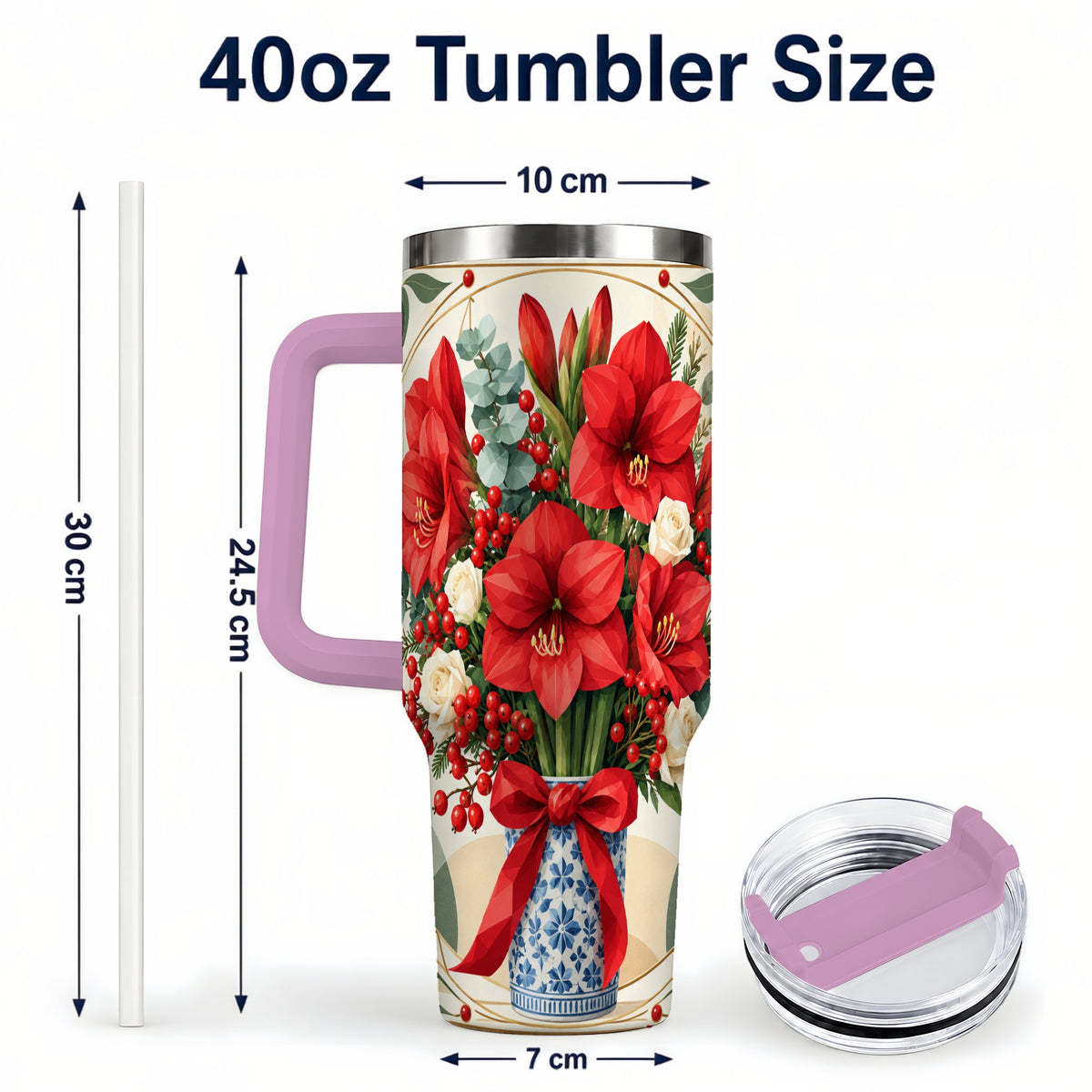 #pl[40oz|Pink] Red Amaryllis 40oz Tumbler with Handle, Vintage Christmas Botanical