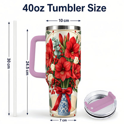 #pl[40oz|Pink] Red Amaryllis 40oz Tumbler with Handle, Vintage Christmas Botanical