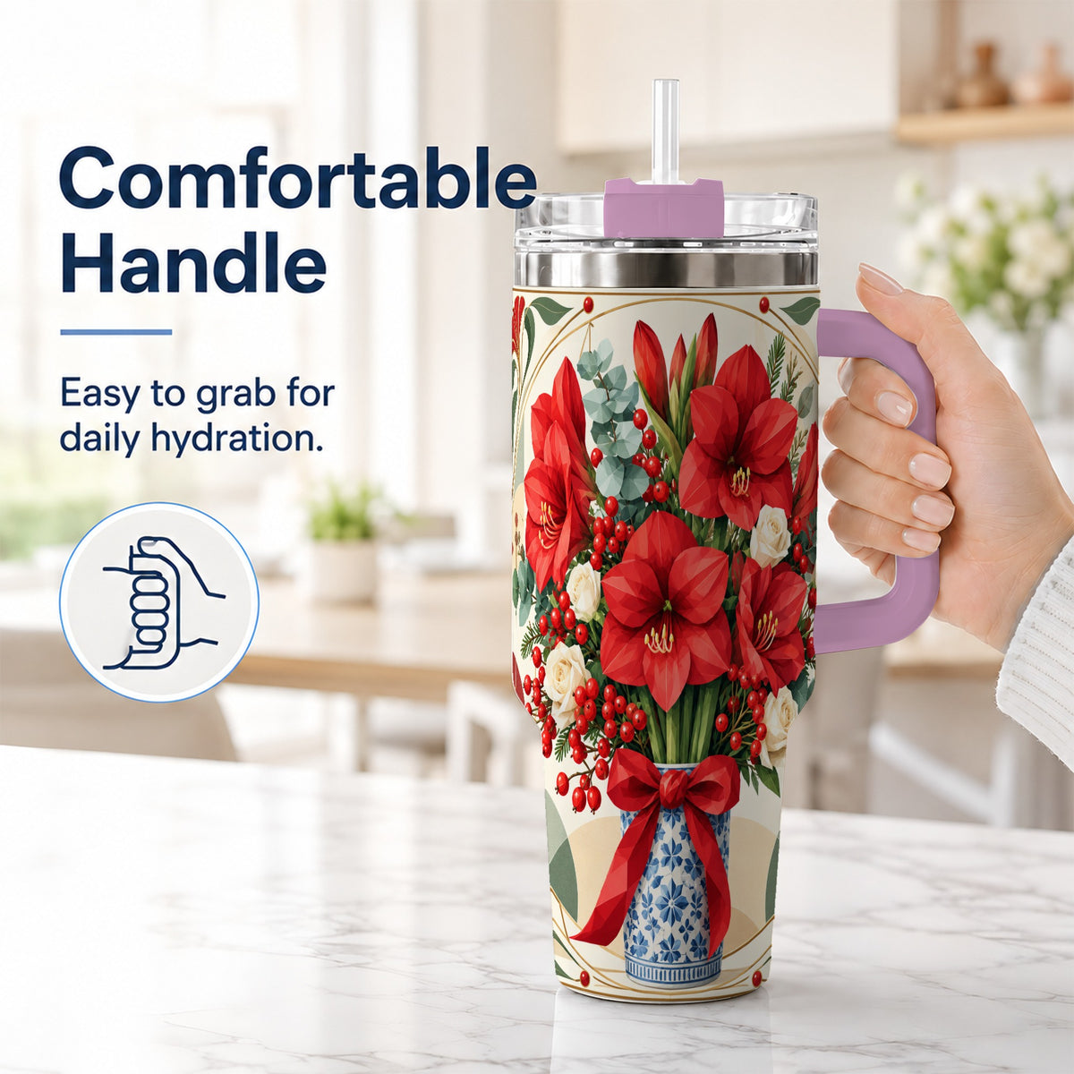 #pl[40oz|Pink] Red Amaryllis 40oz Tumbler with Handle, Vintage Christmas Botanical