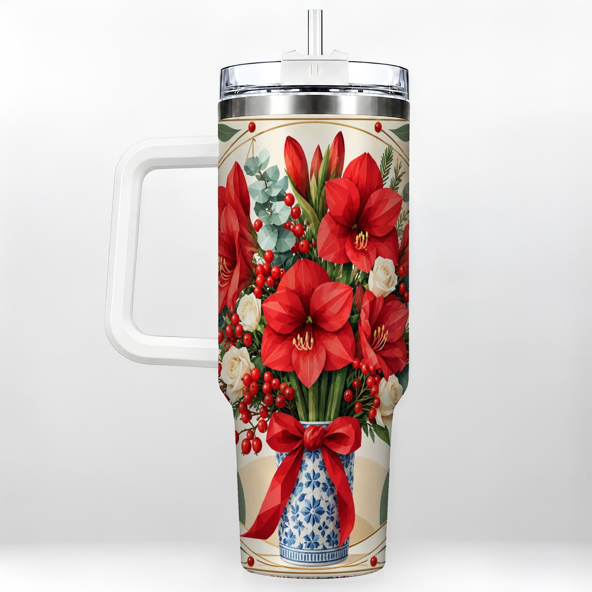 Red Amaryllis 40oz Tumbler with Handle, Vintage Christmas Botanical