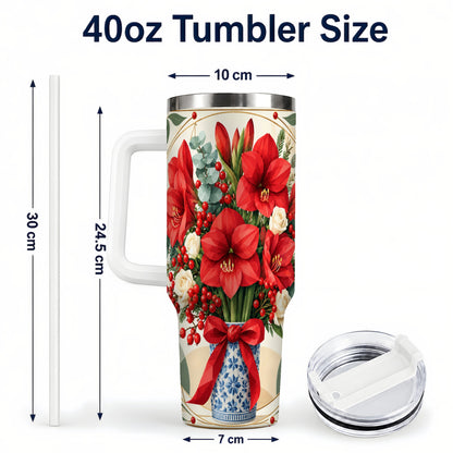 #pl[40oz|White] Red Amaryllis 40oz Tumbler with Handle, Vintage Christmas Botanical