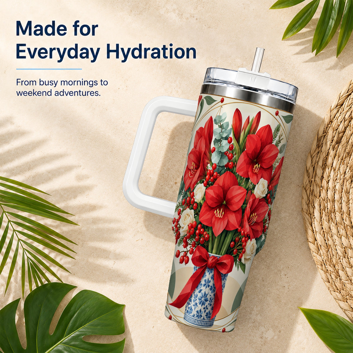 Red Amaryllis 40oz Tumbler with Handle, Vintage Christmas Botanical