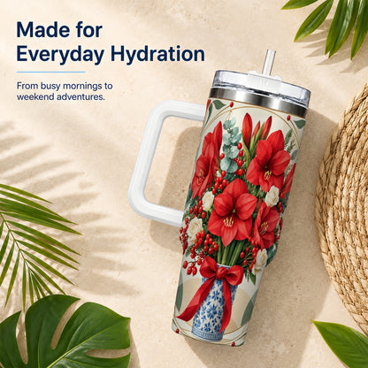 Red Amaryllis 40oz Tumbler with Handle, Vintage Christmas Botanical