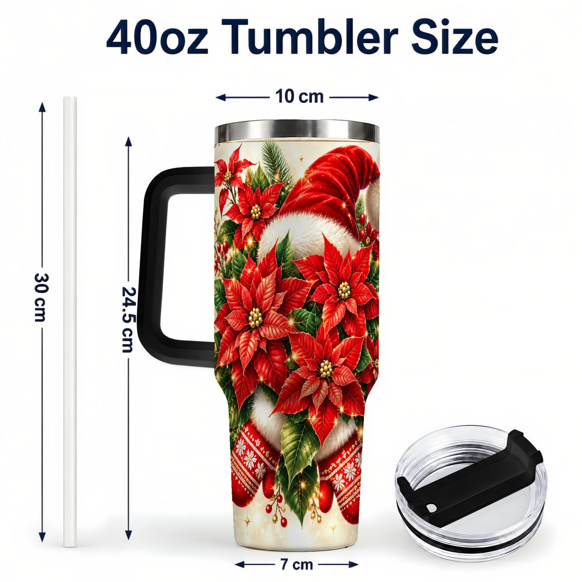 #pl[40oz|Black] Christmas Poinsettia 40oz Tumbler with Handle, Holiday Floral Design