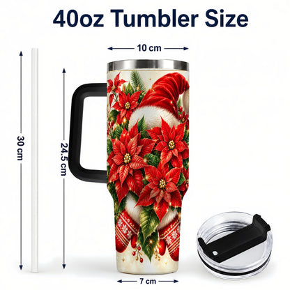 #pl[40oz|Black] Christmas Poinsettia 40oz Tumbler with Handle, Holiday Floral Design