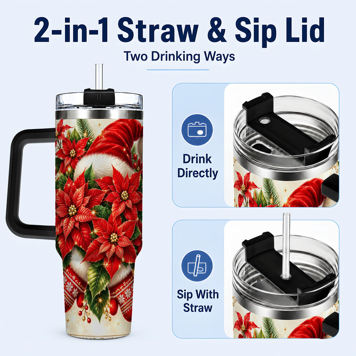 #pl[40oz|Black] Christmas Poinsettia 40oz Tumbler with Handle, Holiday Floral Design