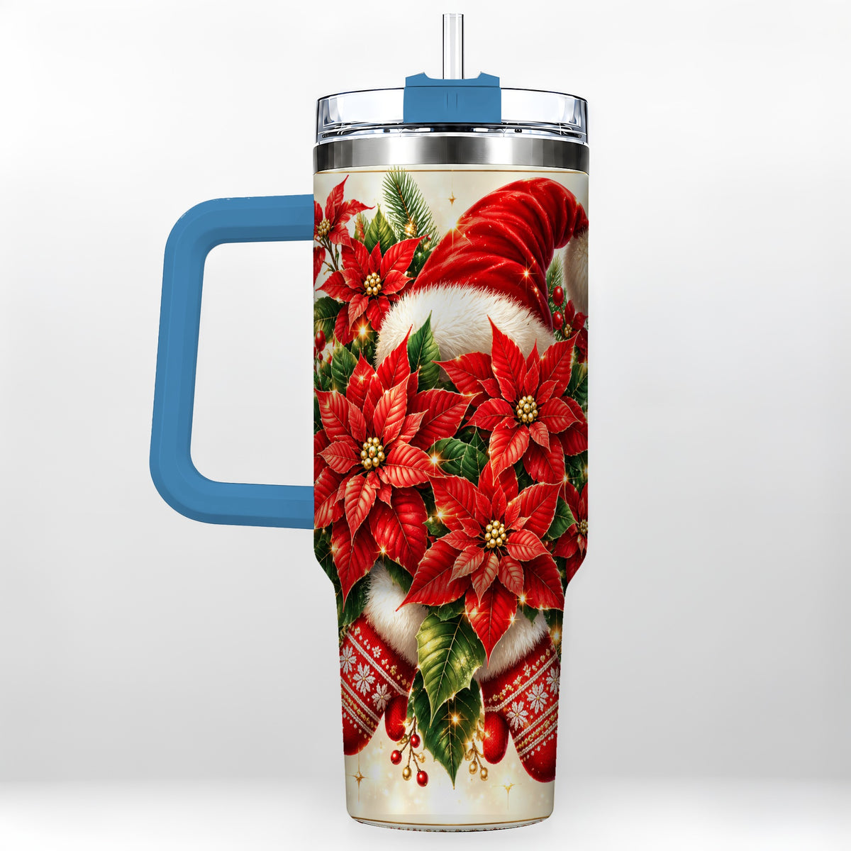 #pl[40oz|Blue] Christmas Poinsettia 40oz Tumbler with Handle, Holiday Floral Design