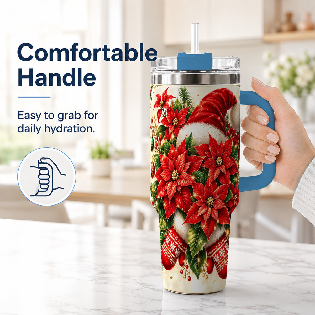 #pl[40oz|Blue] Christmas Poinsettia 40oz Tumbler with Handle, Holiday Floral Design