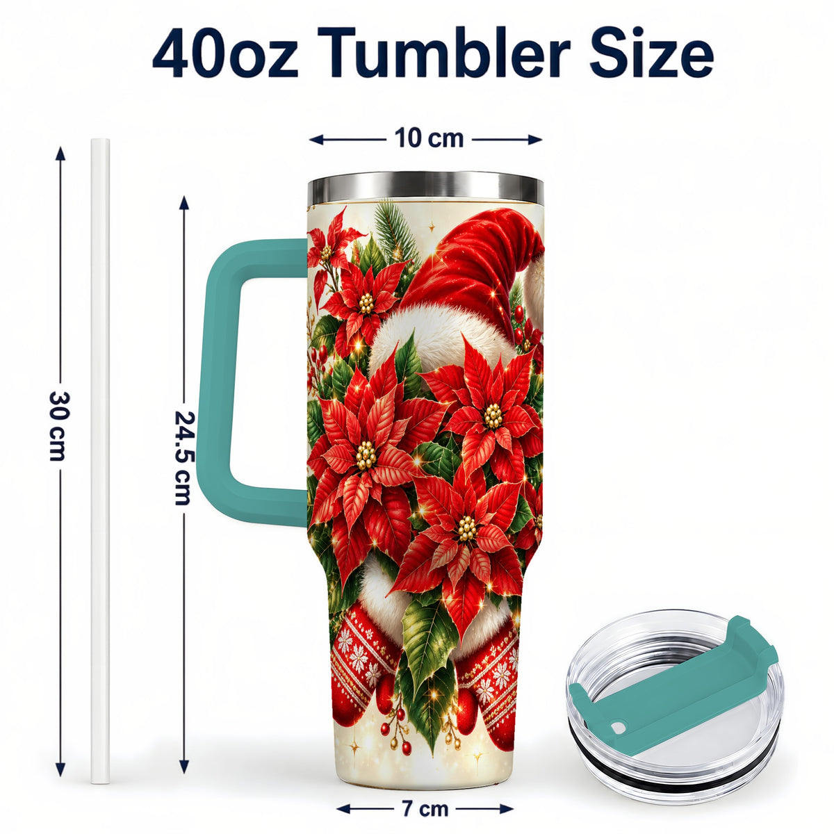 #pl[40oz|Green] Christmas Poinsettia 40oz Tumbler with Handle, Holiday Floral Design