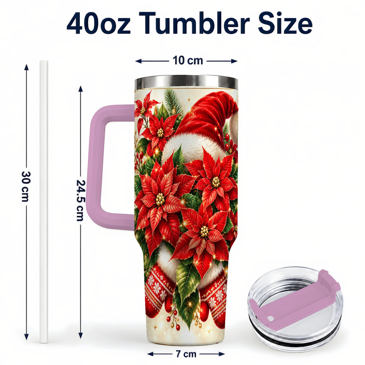 #pl[40oz|Pink] Christmas Poinsettia 40oz Tumbler with Handle, Holiday Floral Design