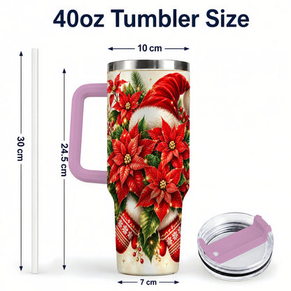 #pl[40oz|Pink] Christmas Poinsettia 40oz Tumbler with Handle, Holiday Floral Design