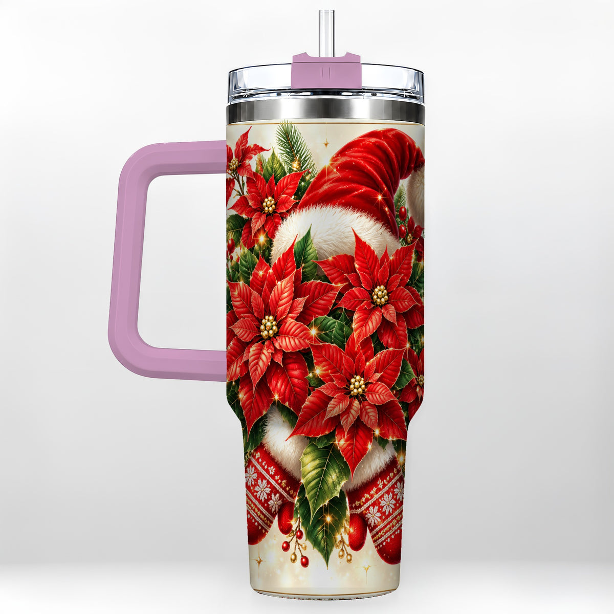 #pl[40oz|Pink] Christmas Poinsettia 40oz Tumbler with Handle, Holiday Floral Design